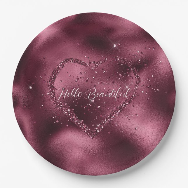 Burgundy Cherry Glitter Sparkle Heart   Paper Plates (Front)