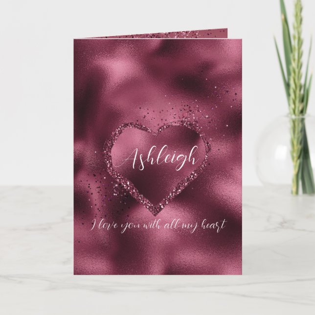 Burgundy Cherry Glitter Sparkle Heart Personalized Card (Front)