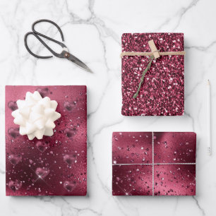 Burgundy Cherry Glitter Sparkle Heart   Wrapping Paper Sheets