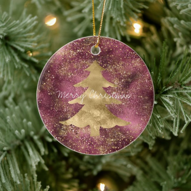 Burgundy Cherry Gold Glitter Christmas Tree  Ceramic Ornament (Tree)