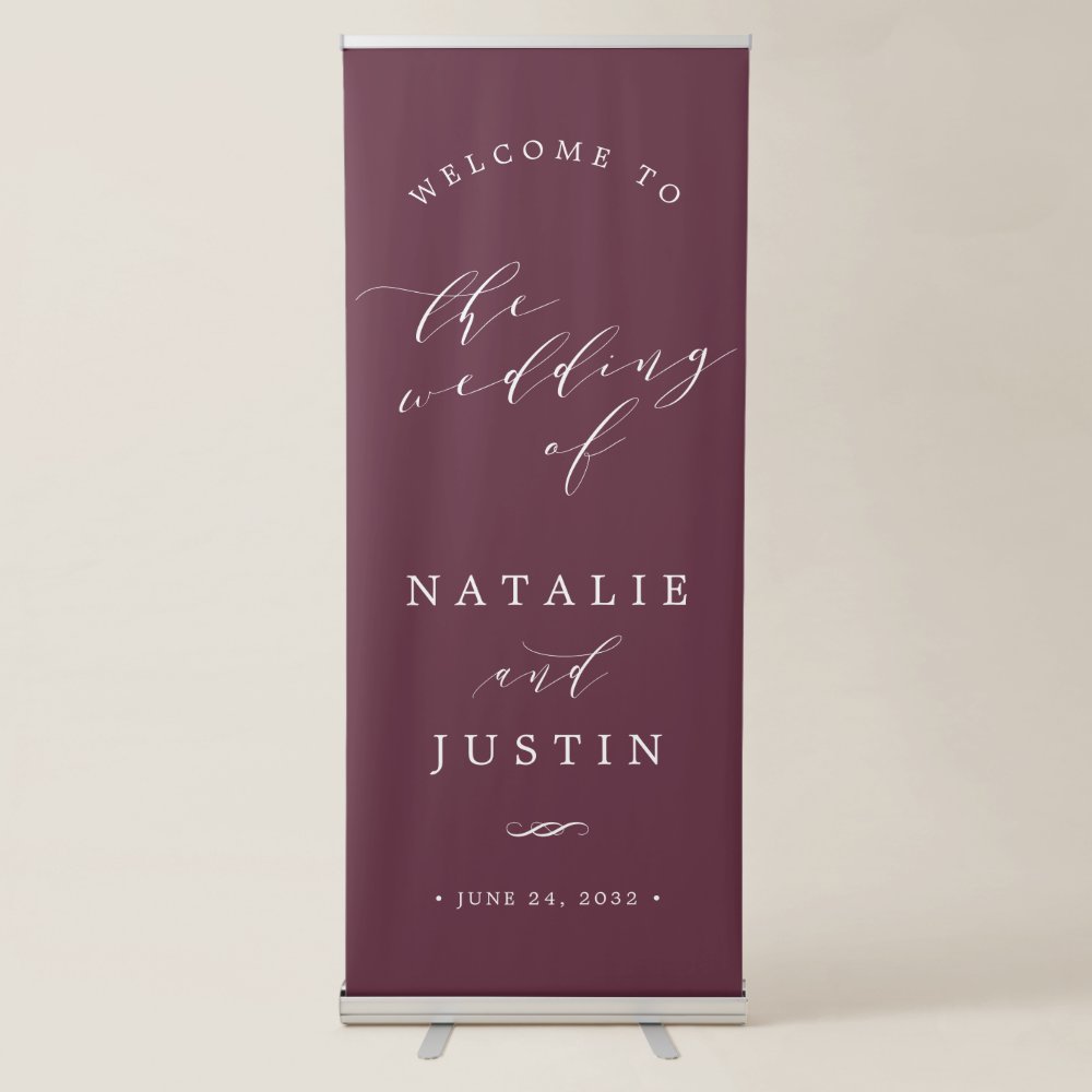Disover Burgundy | Chic Calligraphy Wedding Welcome Retractable Banner