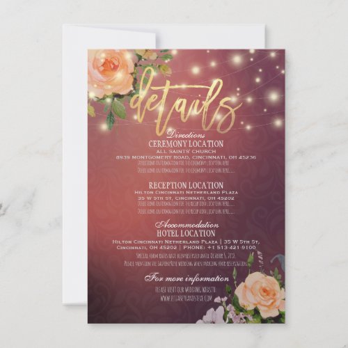 Burgundy Chic Floral String Lights Wedding Detail Invitation