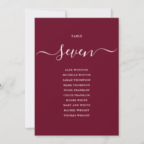 Burgundy Chic Script Table Number Seating Chart