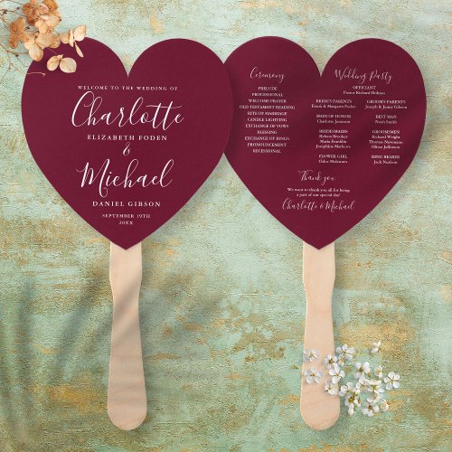 Burgundy Chic Wedding Program Heart Hand Fan