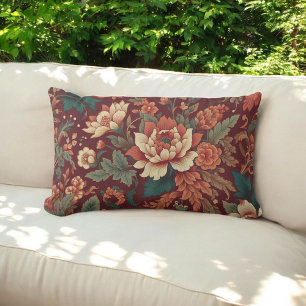 Burgundy Chinoiserie Antique Floral Retro Vintage Lumbar Pillow