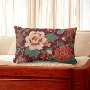 Burgundy Chinoiserie Antique Floral Retro Vintage Lumbar Pillow