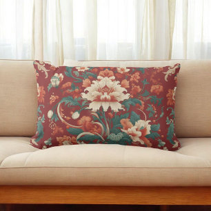 Burgundy Chinoiserie Antique Floral Retro Vintage Lumbar Pillow