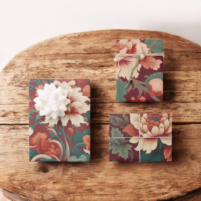 Burgundy Chinoiserie Antique Toile de Jouy Floral  Wrapping Paper Sheets (Creator Uploaded)