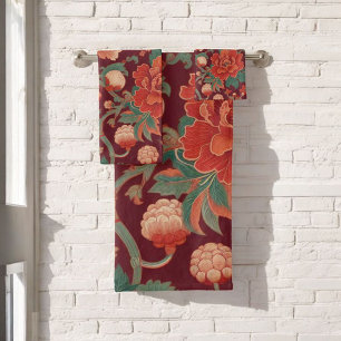 Burgundy Chinoiserie Antique Watercolor Florals & Bath Towel Set
