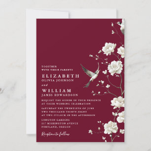 Burgundy Chinoiserie Floral All In One Wedding Invitation