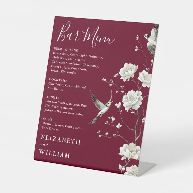 Burgundy Chinoiserie Floral Bar Menu Wedding Pedestal Sign (Front)
