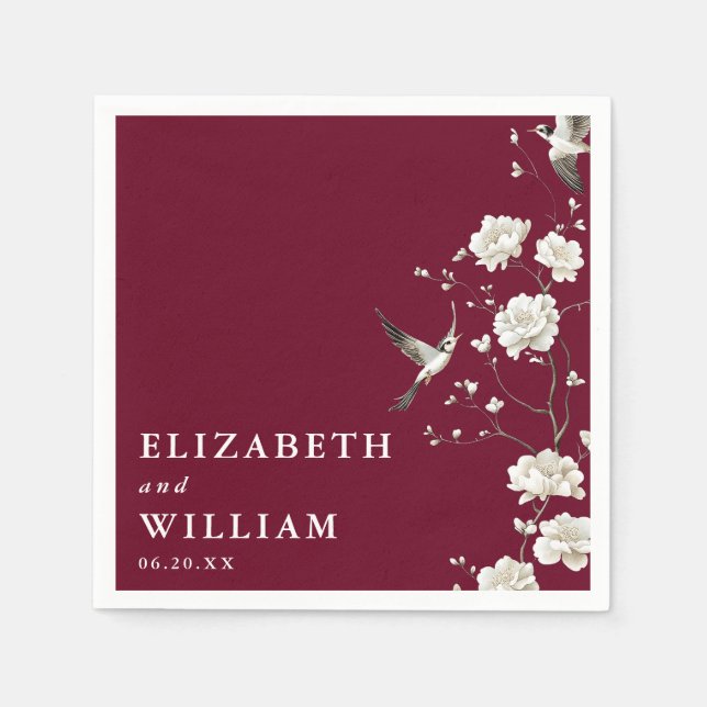 Burgundy Chinoiserie Floral Botanical Wedding Napkins (Front)
