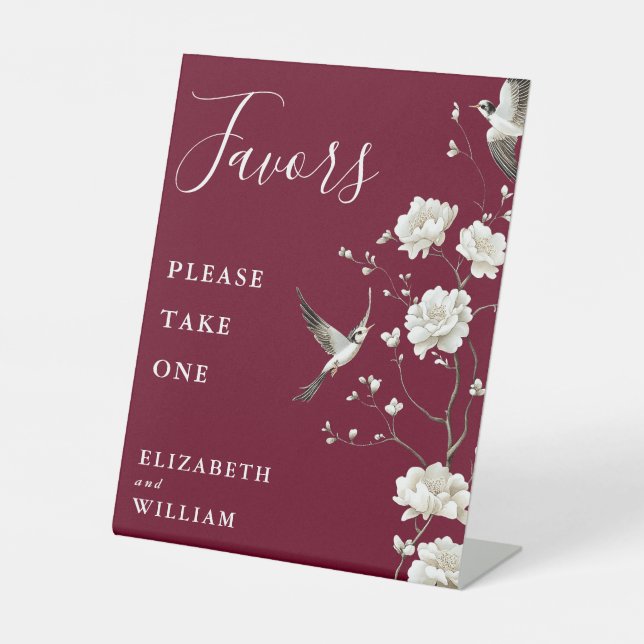 Burgundy Chinoiserie Floral Favors Wedding Pedestal Sign (Front)