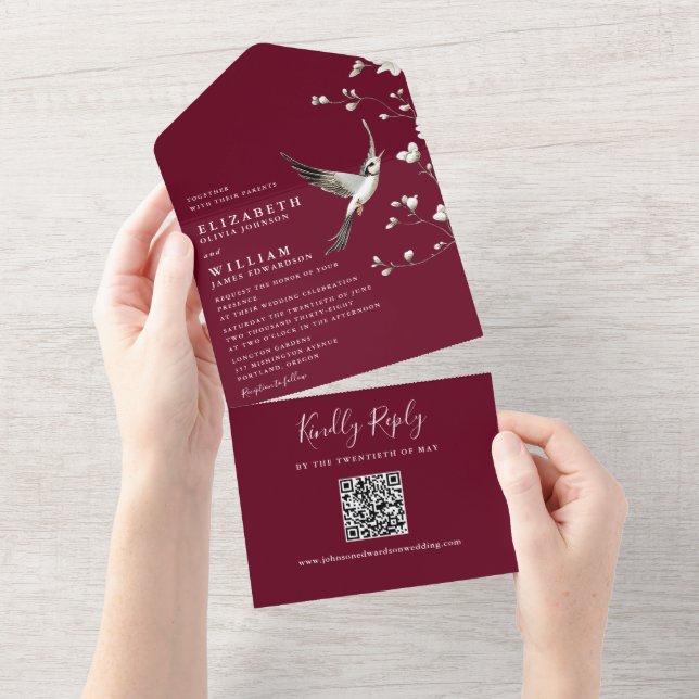 Burgundy Chinoiserie Floral Garden QR Code Wedding All In One Invitation (Tearaway)