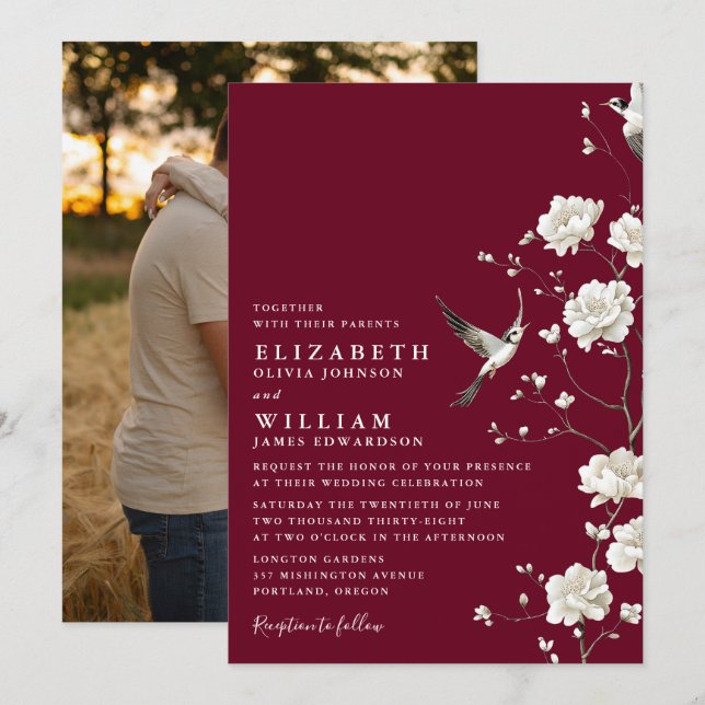 Burgundy Chinoiserie Floral Garden Wedding Photo Invitation (Front/Back)