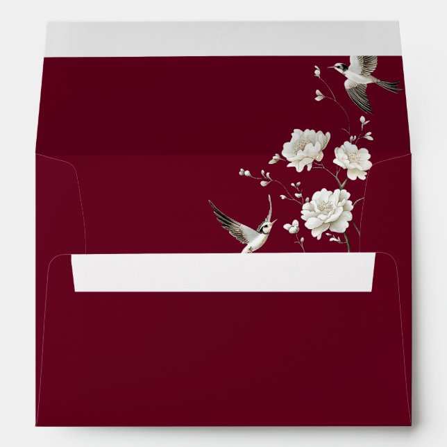 Burgundy Chinoiserie Floral Wedding Return Address Envelope (Back (Bottom))