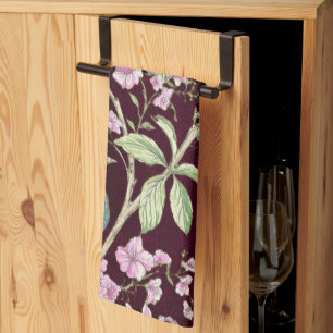 Burgundy Chinoiserie peacock floral Kitchen Towel