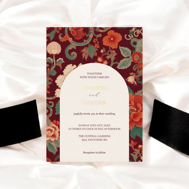 Burgundy Chinoiserie Wedding Elegant Classic  Foil Invitation (Creator Uploaded)