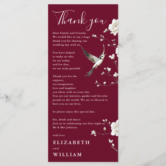 Burgundy Chinoiserie Wedding Thank You Card (Front)