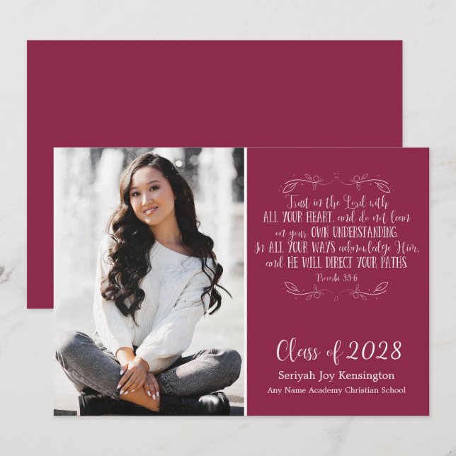 Burgundy Christian Bible Verse Graduation Photo Invitation (Front/Back)