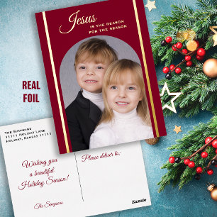 Burgundy Christian Christmas Photo Gold Foil Holiday Postcard