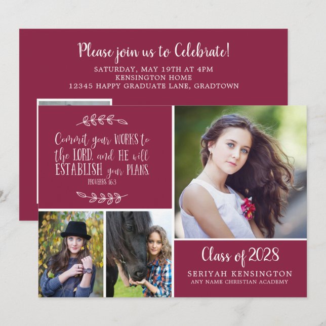 Burgundy Christian Proverbs Graduation Invitation (Front/Back)