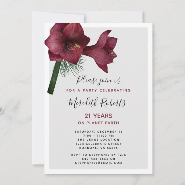 Burgundy Christmas Amaryllis 21st Birthday Party  Invitation (Front)