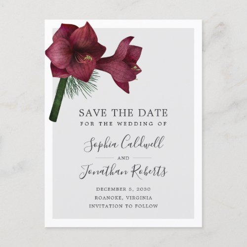 Burgundy Christmas Floral Wedding Save the Date Announcement Postcard
