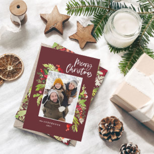Burgundy Christmas foliage rustic 1 photo Holiday Card