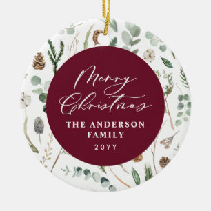 Burgundy Christmas minimal botanical photo Ceramic Ornament