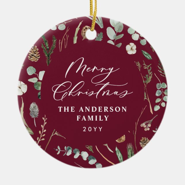 burgundy Christmas minimal elegant botanical photo Ceramic Ornament (Front)