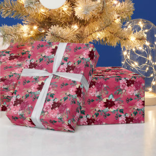 Burgundy Christmas Poinsettia Watercolor Wrapping Paper