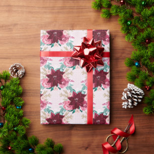 Burgundy Christmas Poinsettia Watercolor Wrapping Paper