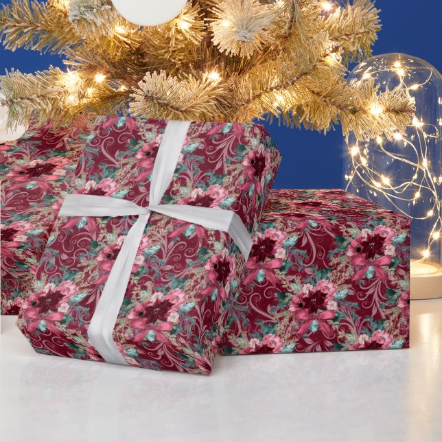 Burgundy Christmas Poinsettia Watercolor Wrapping  Wrapping Paper (Holidays)