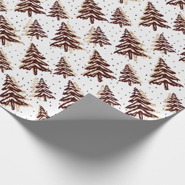 Burgundy Christmas Tree and Gold Glitter-Pattern Wrapping Paper (Corner)