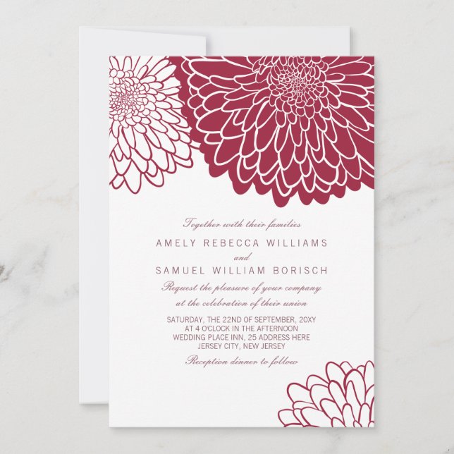 Burgundy Chrysanthemum Simple Stylish 1 Wedding Invitation (Front)