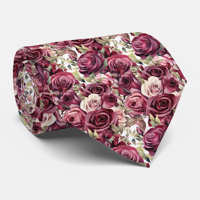 Burgundy Cinnamon Wine Roses Neck Tie (Rolled)
