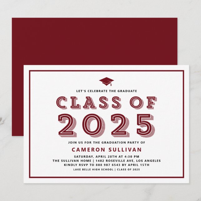 Burgundy Class of 2025 Cap Retro Graduation Invitation (Front/Back)