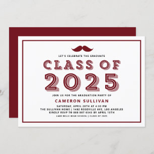 Burgundy Class of 2025 Mustache Retro Graduation Invitation
