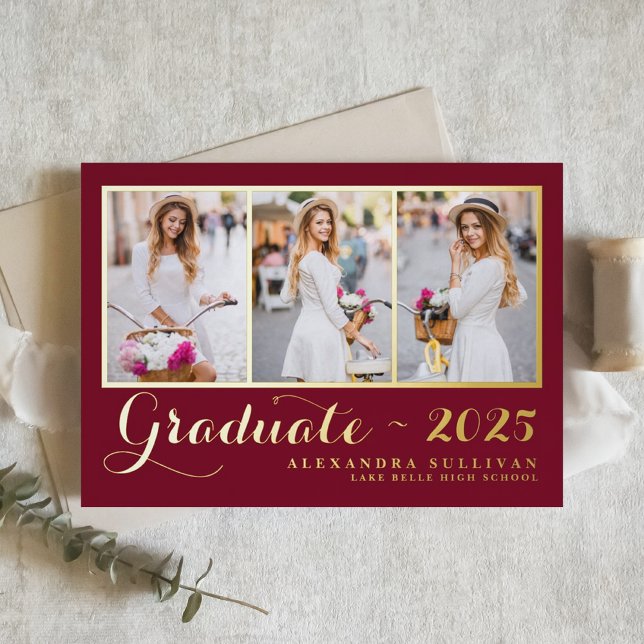 Burgundy Class of 2025 Photo Collage Graduation Foil Invitation (Personalized photo collage graduation invitation featuring gold foil - available in other colors.)