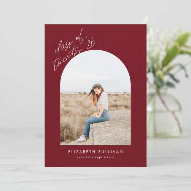 Burgundy Class of 2026 Arch Photo Graduation Announcement (Standing Front)