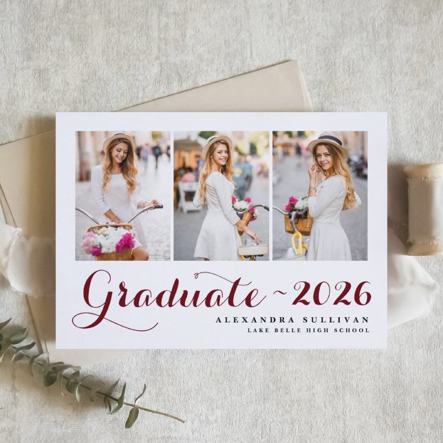 Burgundy Class of 2026 Photo Collage Graduation Announcement (Customizable burgundy photo graduation announcement featuring modern calligraphy. )