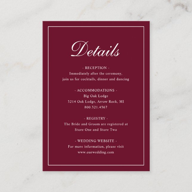 Burgundy Classic Elegant Wedding Enclosure Card (Front)