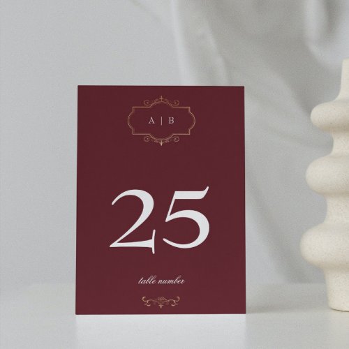 burgundy classic gold crest monogram wedding table number