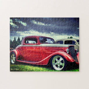 Burgundy Classic Roadster vintage Hotrod Car Jigsaw Puzzle