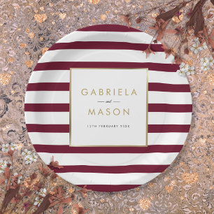 Burgundy Classic Stripe Faux Gold Foil Wedding Paper Plates