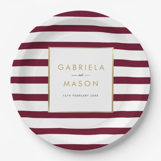 Burgundy Classic Stripe Faux Gold Foil Wedding Paper Plates (Front)