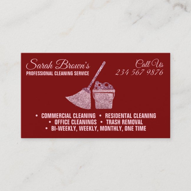 Burgundy Cleaning Service Maid Janitorial sparkle Business Card