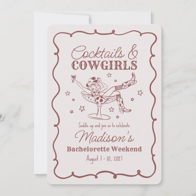 Burgundy Cocktail and Cowgirls Bash Bachelorette Invitation (Front)