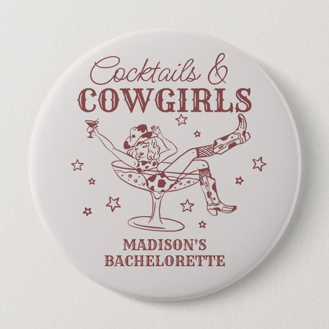 Burgundy Cocktails and Cowgirls Bachelorette Favor Button (Front)